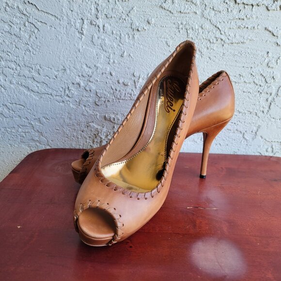 Gucci Brown Leather Whipstitch Peep-Toe Platform Pumps Size EU 37.5 (US 7-7.5) - Picture 9 of 13
